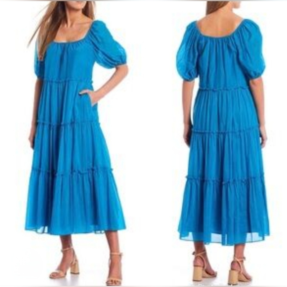 ANTONIO MELANI Silk Blend Bright Blue Tiered Dress Sz L #1242